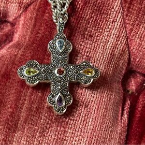 Carolyn Pollack Relios Strlg Silver Chain 18" Link Necklace W Gems Pendant Cross